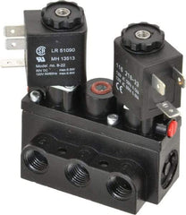 ARO/Ingersoll-Rand - 1/4" Inlet x 1/4" Outlet, Solenoid Actuator, Solenoid Return, 3 Position, Body Ported Solenoid Air Valve - 120 VAC Input, 32 CFM, 0.9 CV, 4 Way, 150 psi, 2-15/16" Long x 1-15/16" Wide x 1-13/16" High, 0 to 180°F - Makers Industrial Supply