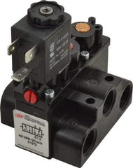 ARO/Ingersoll-Rand - 3/8" Inlet x 3/8" Outlet, Solenoid Actuator, Spring Return, 2 Position, Body Ported Solenoid Air Valve - 120 VAC Input, 63 CFM, 1.7 CV, 4 Way, 150 psi, 3-1/2" Long x '2-1/2" Wide x 3-5/8" High, 0 to 180°F - Makers Industrial Supply