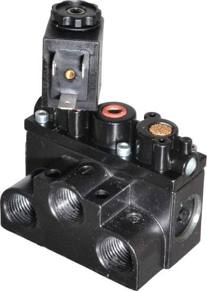 ARO/Ingersoll-Rand - 3/8" Inlet x 3/8" Outlet, Solenoid Actuator, Spring Return, 2 Position, Body Ported Solenoid Air Valve - 24 VDC Input, 63 CFM, 1.7 CV, 4 Way, 150 psi, 3-1/2" Long x '2-1/2" Wide x 3-5/8" High, 0 to 180°F - Makers Industrial Supply