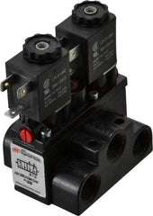 ARO/Ingersoll-Rand - 3/8" Inlet x 3/8" Outlet, Solenoid Actuator, Solenoid Return, 2 Position, Body Ported Solenoid Air Valve - 24 VDC Input, 63 CFM, 1.7 CV, 4 Way, 150 psi, 4" Long x '2-1/2" Wide x 3-5/8" High, 0 to 180°F - Makers Industrial Supply