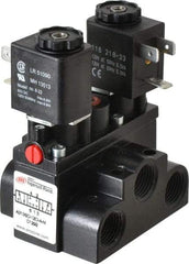 ARO/Ingersoll-Rand - 3/8" Inlet x 3/8" Outlet, Solenoid Actuator, Solenoid Return, 3 Position, Body Ported Solenoid Air Valve - 120 VAC Input, 63 CFM, 1.7 CV, 4 Way, 150 psi, 4" Long x '2-1/2" Wide x 3-5/8" High, 0 to 180°F - Makers Industrial Supply