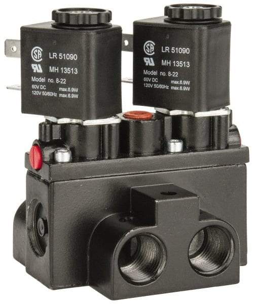 ARO/Ingersoll-Rand - 3/8" Inlet x 3/8" Outlet, Solenoid Actuator, Solenoid Return, 3 Position, Body Ported Solenoid Air Valve - 120 VAC Input, 63 CFM, 1.7 CV, 4 Way, 150 psi, 4" Long x '2-1/2" Wide x 3-5/8" High, 0 to 180°F - Makers Industrial Supply