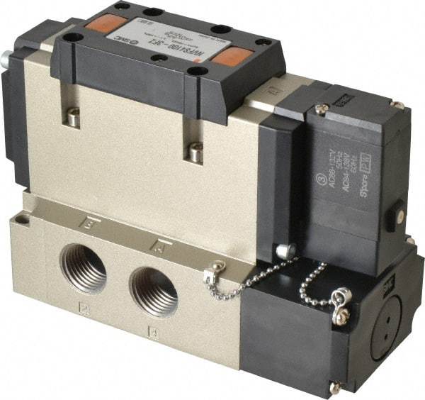 SMC PNEUMATICS - 3.6 CV Flow Rate, Single Solenoid Pilot Operated Valve - 5 Port, 2 Position, Spring Return, 1/2" NPT Inlet, 110 V - Makers Industrial Supply