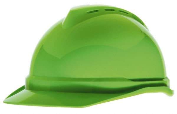 MSA - ANSI Type I, Class C Rated, 4 Point, Ratchet Adjustment Hard Hat - Size 6-1/2 to 8, High Visibility Lime Green, Standard Brim, Vented - Makers Industrial Supply