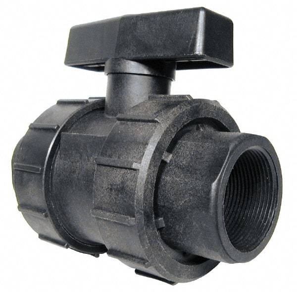 Green Leaf - 1-1/4" Pipe, Full Port, Polypropylene True Union Design Ball Valve - Inline - One Way Flow, FNPT x FNPT Ends, Tee Handle, 125 WOG - Makers Industrial Supply