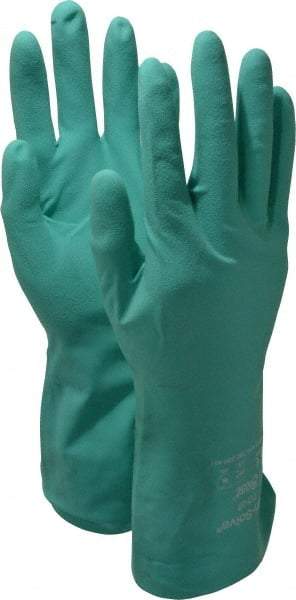 SHOWA - Size S (7), 13" Long, 11 mil Thick, Nitrile Chemical Resistant Gloves - Textured Finish, Slip-On Cuff, ANSI Abrasion Level 4, ANSI Cut Level 0, ANSI Puncture Level 1, Green, FDA Approved - Makers Industrial Supply