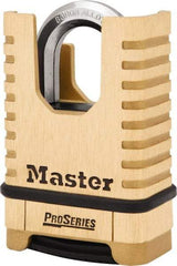 Master Lock - 2-1/4" Body Width x 3-1/2" Body Height, 1-1/16" Shackle Clearance, Brass Finish Combination Lock - 3/8" Shackle Diam, 15/16" Shackle Width, Set Your Own 4 Digit Combination - Makers Industrial Supply