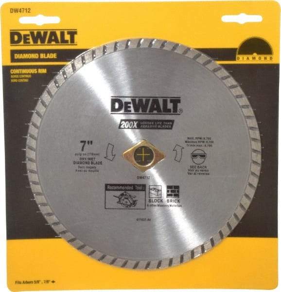 DeWALT - 7" Diam, 5/8" Arbor Hole Diam, Wet & Dry Cut Saw Blade - Diamond-Tipped, Standard Round Arbor - Makers Industrial Supply