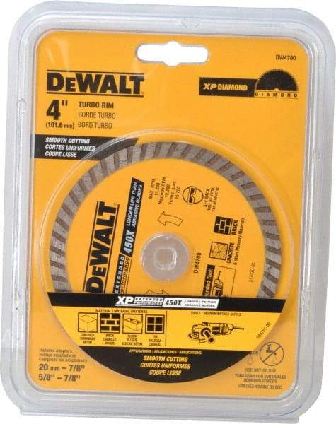 DeWALT - 4" Diam, 7/8" Arbor Hole Diam, Wet & Dry Cut Saw Blade - Diamond-Tipped, Standard Round Arbor - Makers Industrial Supply