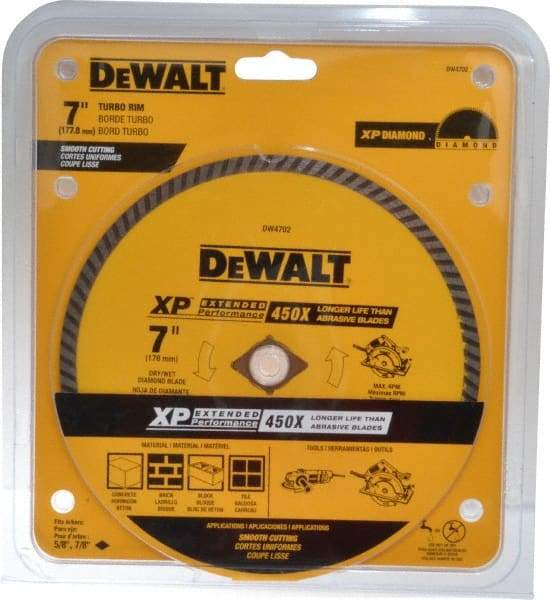 DeWALT - 7" Diam, 5/8" Arbor Hole Diam, Wet & Dry Cut Saw Blade - Diamond-Tipped, Standard Round Arbor - Makers Industrial Supply