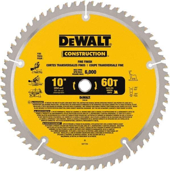 DeWALT - 10" Diam, 5/8" Arbor Hole Diam, 60 Tooth Wet & Dry Cut Saw Blade - Carbide-Tipped, Fine Finishing Action, Standard Round Arbor - Makers Industrial Supply