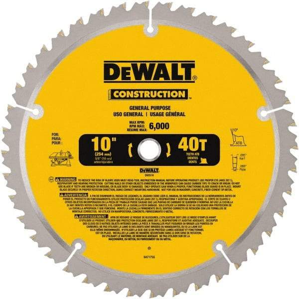 DeWALT - 10" Diam, 5/8" Arbor Hole Diam, 40 Tooth Wet & Dry Cut Saw Blade - Carbide-Tipped, General Purpose Action, Standard Round Arbor - Makers Industrial Supply