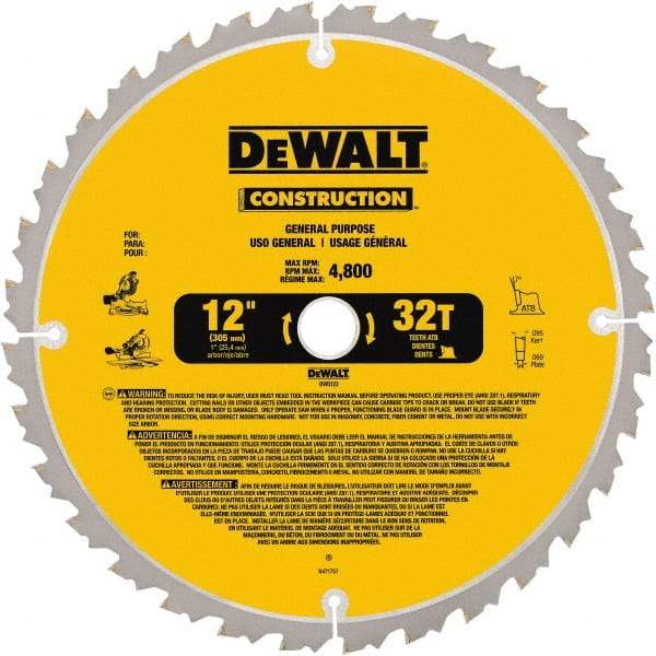 DeWALT - 12" Diam, 1" Arbor Hole Diam, 32 Tooth Wet & Dry Cut Saw Blade - Carbide-Tipped, General Purpose Action, Standard Round Arbor - Makers Industrial Supply