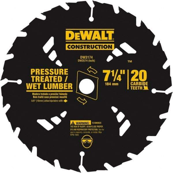 DeWALT - 7-1/4" Diam, 20 Tooth Wet & Dry Cut Saw Blade - Tungsten Carbide-Tipped, Standard Round Arbor - Makers Industrial Supply