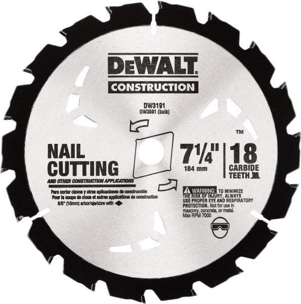 DeWALT - 7-1/4" Diam, 18 Tooth Wet & Dry Cut Saw Blade - Carbide-Tipped, Standard Round Arbor - Makers Industrial Supply