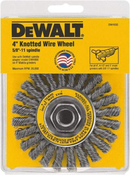 DeWALT - 4" OD, 5/8" Arbor Hole, Knotted Steel Wheel Brush - 4" Face Width, 1" Trim Length - Makers Industrial Supply