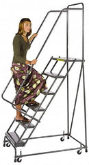 Ballymore - 73" 4 Step Ladder - Spring Loaded Rolling Safety Ladder, 450 Lb Capacity, 38" Platform Height, 30" Base Width x 35" Base Depth, Perforated Tread - Makers Industrial Supply