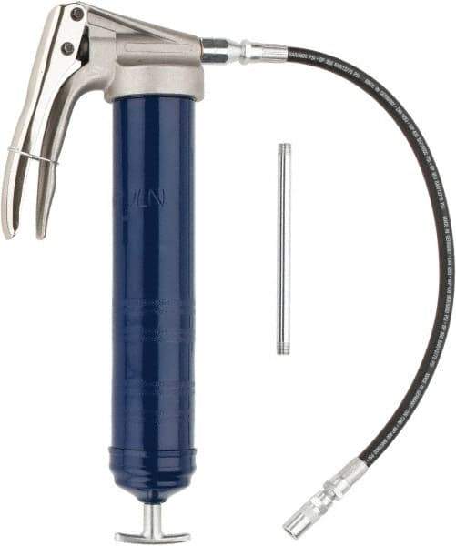 Lincoln - 7,500 Max psi, Flexible Pistol Grease Gun - 14-1 & 2 oz (Cartridge) & 16 oz (Bulk) Capacity, 1/8 Thread Outlet, 39 Strokes per oz, Bulk & Cartridge Fill, Includes 6" Straight Pipe & Coupler - Makers Industrial Supply