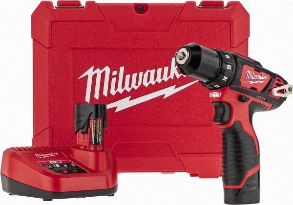 Milwaukee Tool - 12 Volt 3/8" Chuck Pistol Grip Handle Cordless Drill - 0-400 & 0-1500 RPM, Keyless Chuck, Reversible, 2 Lithium-Ion Batteries Included - Makers Industrial Supply