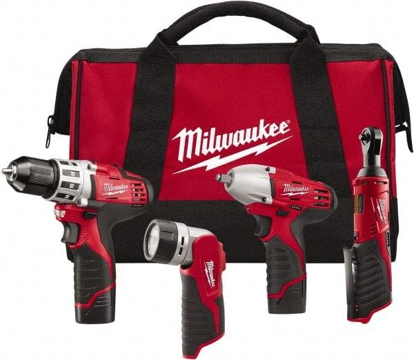 Milwaukee Tool - 12 Volt Cordless Tool Combination Kit - Includes 3/8" Square Drive Impact Wrench, 3/8" Drill/Driver, Work Light & 1/4" Ratchet, Lithium-Ion Battery Included - Makers Industrial Supply