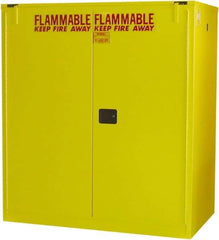 Securall Cabinets - 56" Wide x 31" Deep x 67" High, 18 Gauge Steel Vertical Drum Cabinet with 3 Point Key Lock - Yellow, Self-Closing Door, 1 Shelf, 2 Drums, Drum Rollers Included - Makers Industrial Supply