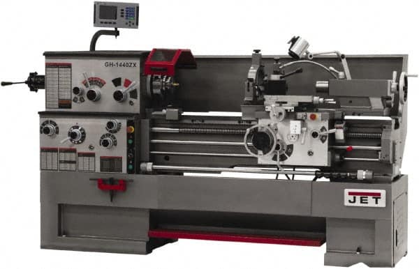 Jet - 14" Swing, 40" Between Centers, 230 Volt, Triple Phase Engine Lathe - 7MT Taper, 7-1/2 hp, 42 to 1,800 RPM, 3-1/8" Bore Diam, 40" Deep x 47" High x 97-1/2" Long - Makers Industrial Supply