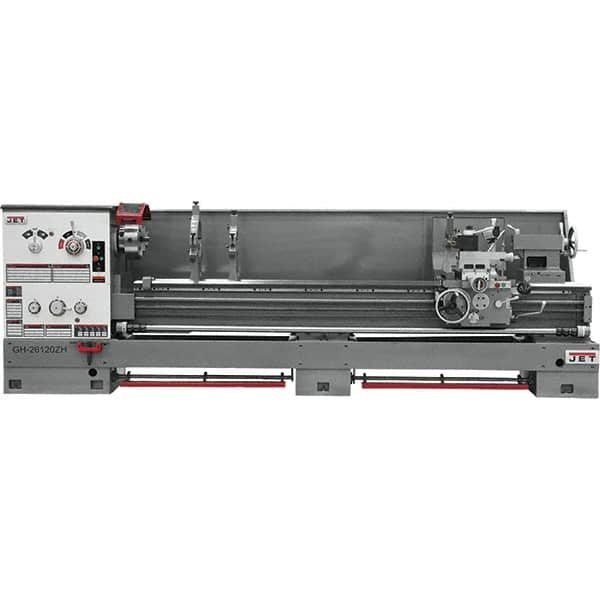 Jet - 26" Swing, 120" Between Centers, 230 Volt, Triple Phase Engine Lathe - 6MT Taper, 10 hp, 40 to 1,800 RPM, 4-1/8" Bore Diam, 43" Deep x 57" High x 177" Long - Makers Industrial Supply