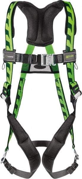 Miller - 400 Lb Capacity, Size Universal, Full Body AirCore Single D-Ring Safety Harness - Polyester, Quick Connect Leg Strap, Quick Connect Chest Strap, Black/Green - Makers Industrial Supply