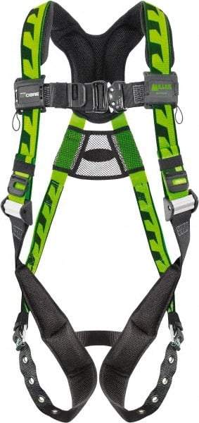 Miller - 400 Lb Capacity, Size Universal, Full Body AirCore Single D-Ring Safety Harness - Polyester, Tongue Buckle Leg Strap, Quick Connect Chest Strap, Black/Green - Makers Industrial Supply