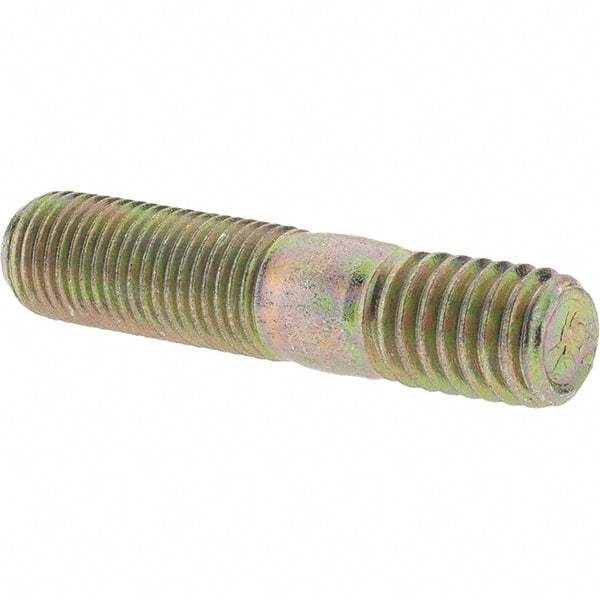 Value Collection - 3/8-24 Long Thread, 3/8-16 Short Thread, 1-3/4" OAL Unequal Double Threaded Stud - Alloy Steel, Zinc Yellow Dichromate Finish, 1" Long Thread Length, 9/16" Short Thread Length - Makers Industrial Supply