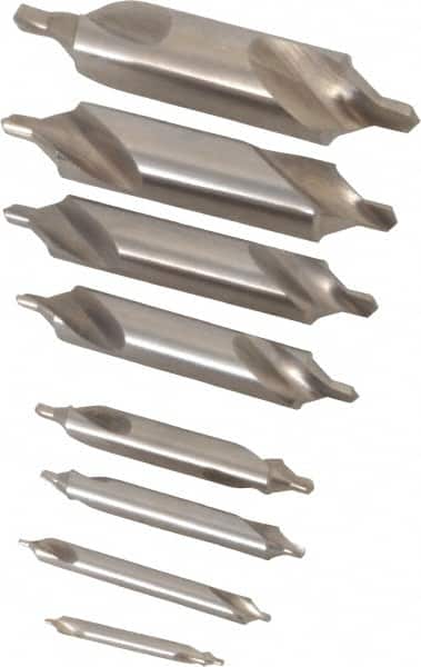 Chicago-Latrobe - 8 Piece, #11 to 18, 1/8 to 3/4" Body Diam, 3/64 to 1/4" Point Diam, Bell Edge, High Speed Steel Combo Drill & Countersink Set - 60° Incl Angle, 1/8 to 3-1/2" OAL, Double End, 217B Series Compatibility - Makers Industrial Supply