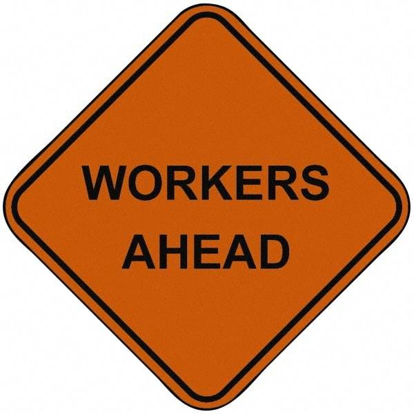 PRO-SAFE - "Workers Ahead", 48" Wide x 48" High, Nylon Construction Roadway Signs - Orange, Square, Sign Stand Mount - Makers Industrial Supply