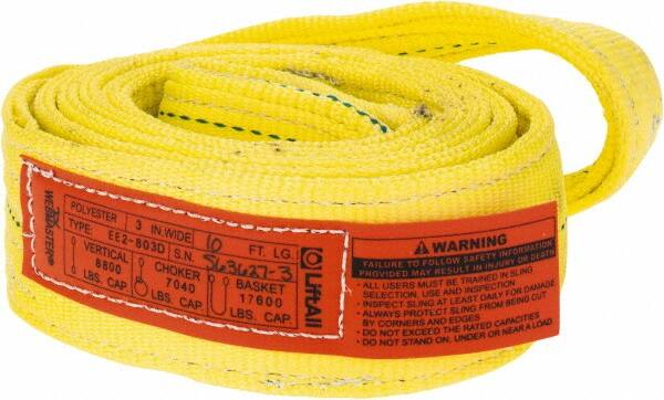 Lift-All - 10' Long x 3" Wide, 8,600 Lb Vertical Capacity, 2 Ply, Polyester Web Sling - 6,900 Lb Choker Capacity, Yellow - Makers Industrial Supply