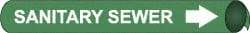 NMC - Pipe Marker with Sanitary Sewer Legend and Arrow Graphic - 3-3/8 to 4-1/2" Pipe Outside Diam, White on Green - Makers Industrial Supply