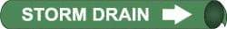 NMC - Pipe Marker with Storm Drain Legend and Arrow Graphic - 3-3/8 to 4-1/2" Pipe Outside Diam, White on Green - Makers Industrial Supply