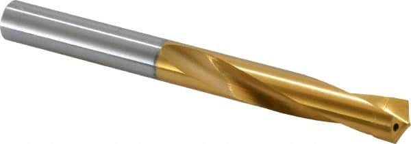 CJT - 37/64" 135° Spiral Flute Carbide-Tipped Screw Machine Drill Bit - TiN Finish, Right Hand Cut, 3-9/32" Flute Length, 5-11/16" OAL, Helical Point, Straight Shank, Through Coolant - Makers Industrial Supply