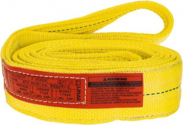 Lift-All - 12' Long x 3" Wide, 8,600 Lb Vertical Capacity, 2 Ply, Polyester Web Sling - 6,900 Lb Choker Capacity, Yellow - Makers Industrial Supply