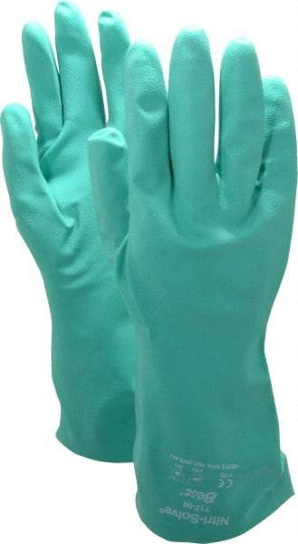 SHOWA - Size M (8), 13" Long, 11 mil Thick, Nitrile Chemical Resistant Gloves - Textured Finish, Slip-On Cuff, ANSI Abrasion Level 4, ANSI Cut Level 0, ANSI Puncture Level 1, Green, FDA Approved - Makers Industrial Supply