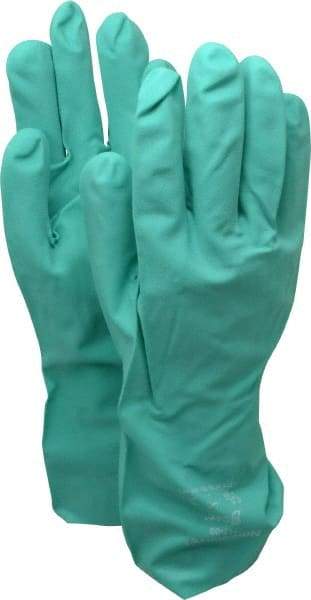 SHOWA - Size L (9), 13" Long, 11 mil Thick, Nitrile Chemical Resistant Gloves - Textured Finish, Slip-On Cuff, ANSI Abrasion Level 4, ANSI Cut Level 0, ANSI Puncture Level 1, Green, FDA Approved - Makers Industrial Supply