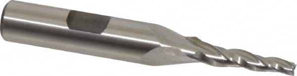 Made in USA - 3° Taper Angle per Side, 1/8" Small End Diam, 3/4" LOC, High Speed Steel 3 Flute Tapered Square End Mill - 2-7/8" OAL, 3/8" Shank Diam, Spiral Flute - Makers Industrial Supply