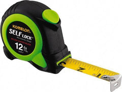 Komelon - 12' x 5/8" Yellow Steel Blade Tape Measure - 1/16" Graduation, Inch Graduation Style, High-Visibility Green/Black ABS Plastic Case - Makers Industrial Supply