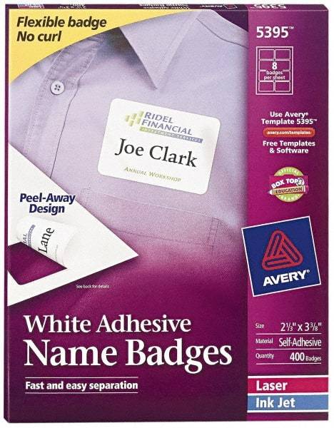 AVERY - 3-3/8" Long, White Paper Name Badge Labels - For Laser/Inkjet Printers - Makers Industrial Supply