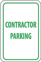 NMC - "Contractor Parking", 12" Wide x 18" High, Aluminum Reserved Parking Signs - 0.063" Thick, Green on White, Rectangle, Post Mount - Makers Industrial Supply