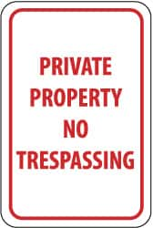 NMC - "Private Property - No Trespassing", 12" Wide x 18" High, Aluminum Parking Lot Traffic Signs - 0.063" Thick, Red on White, Rectangle, Post Mount - Makers Industrial Supply