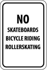 NMC - "No Skateboards Bicycle Riding Rollerskating", 12" Wide x 18" High, Aluminum Parking Lot Traffic Signs - 0.063" Thick, Black on White, Rectangle, Post Mount - Makers Industrial Supply