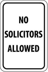 NMC - "No Solicitors Allowed", 12" Wide x 18" High, Aluminum Parking Lot Traffic Signs - 0.063" Thick, Black on White, Rectangle, Post Mount - Makers Industrial Supply