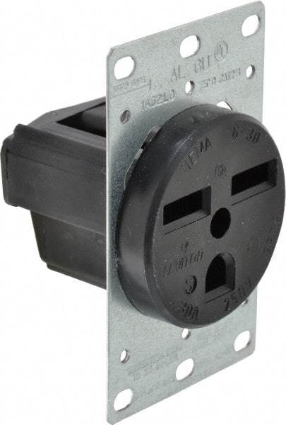 Leviton - 250 VAC, 30 Amp, 6-30P NEMA Configuration, Black, Industrial Grade, Self Grounding Single Receptacle - 1 Phase, 2 Poles, 3 Wire, Flush Mount, Tamper Resistant - Makers Industrial Supply