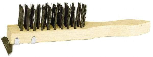 Weiler - 4 Rows x 11 Columns Steel Scratch Brush - 5-1/2" Brush Length, 11-1/2" OAL, 1-1/2" Trim Length, Wood Straight Handle - Makers Industrial Supply