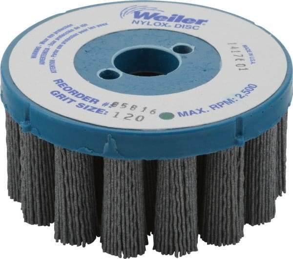 Weiler - 4" 120 Grit Silicon Carbide Crimped Disc Brush - Fine Grade, Plain Hole Connector, 1-1/2" Trim Length, 7/8" Arbor Hole - Makers Industrial Supply