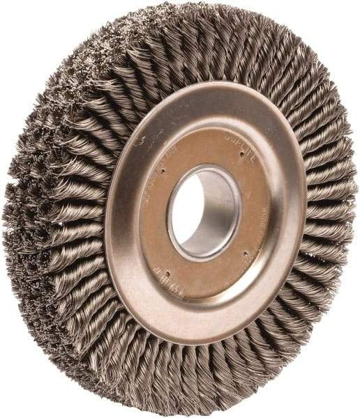 Weiler - 10" OD, 2" Arbor Hole, Knotted Steel Wheel Brush - 1-3/4" Face Width, 1-3/4" Trim Length, 0.023" Filament Diam, 4,500 RPM - Makers Industrial Supply